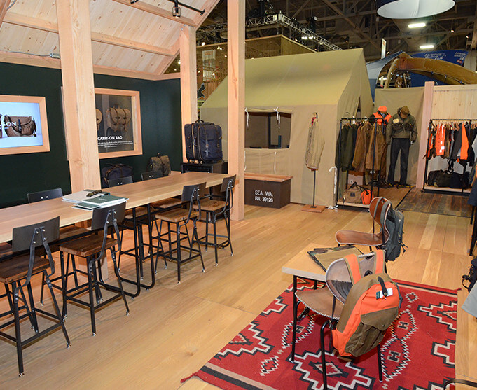 Filson custom tradeshow booth with natural wood elements