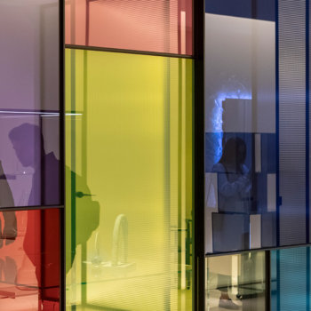 exhibit with translucent colored walls